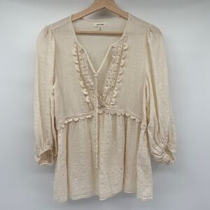 Max Studio‎ Womens Pheasant Top Medium Cream Cottagecore Romantic Boho